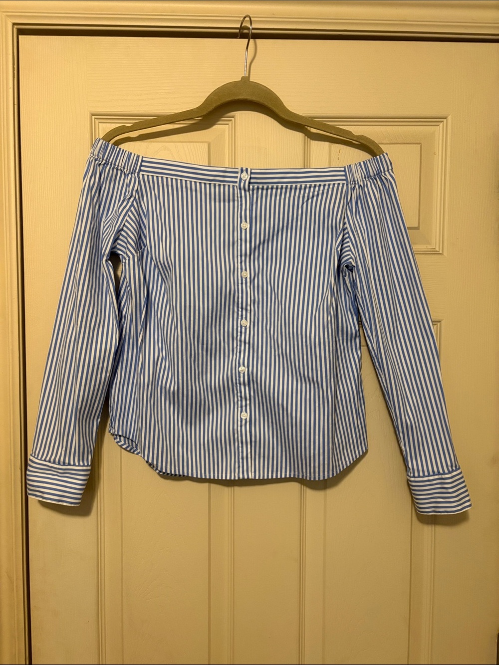 Express Blue and White Striped Off-Shoulder Button-Down Shirt
